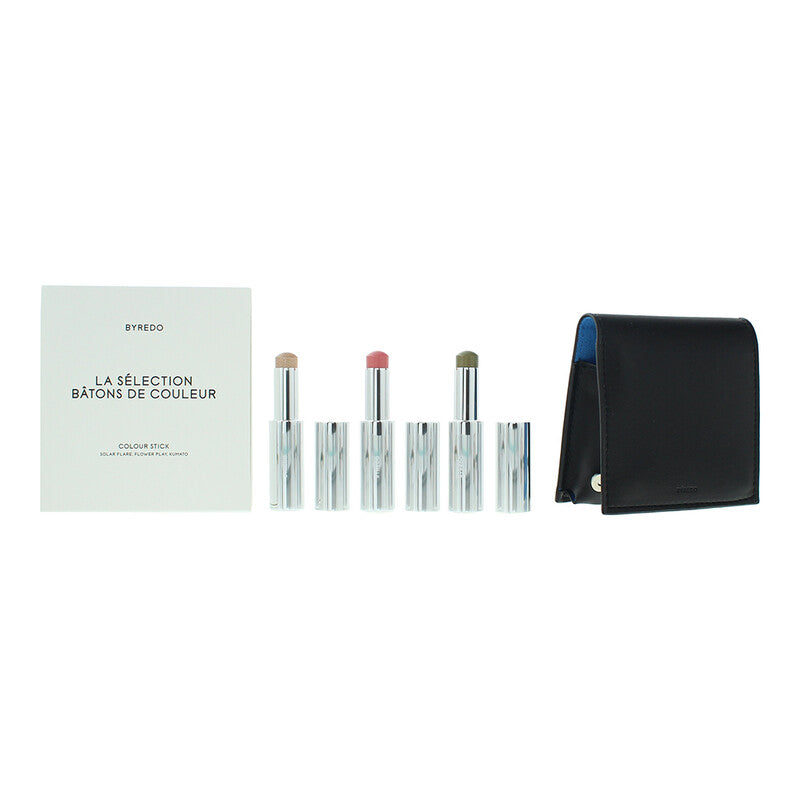 Blue Set Byredo: Colour Stick, Multifunctional, Eyeshadow Stick, 509, Solar Flare, 3.5 g + Colour Stick, Multifunctional, Eyeshadow Stick, Kumato Face, 3.5 g + Colour Stick, Multifunctional, Eyeshadow Stick, Flower Play, 3.5 g + Byredo, GWP Leather Pouch