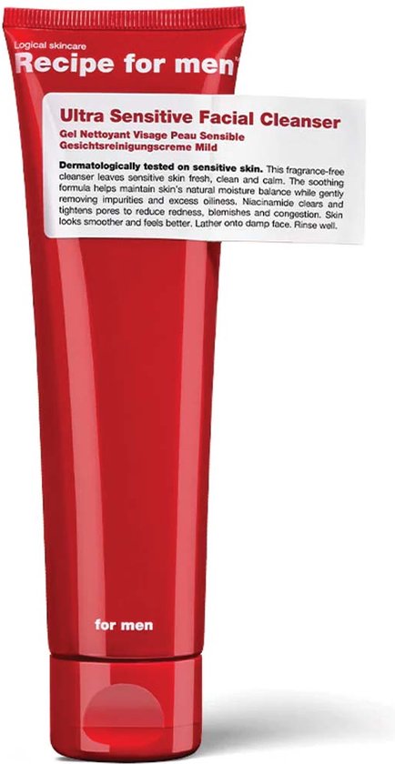 Recipe For Men, Ultra Sensitive Facial Cleanser, Fragrance-Free, Gentle Cleansing, Cleansing Gel, Face, 100 ml
