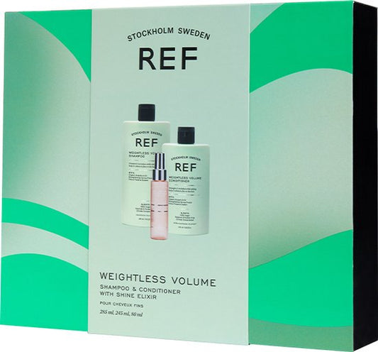 Gift Box Set Ref Stockholm: Weightless Volume, Sulfates-Free, Hair Shampoo, Texturizing & Volumizing, 285 ml + Weightless Volume, Sulfates-Free, Hair Conditioner, Smoothens & Volume, 245 ml + Shine Elixir, Hair Serum, Softening, 80 ml