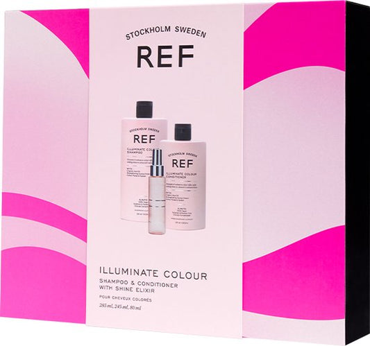 Gift Box Set Ref Stockholm: Illuminate Colour, Sulfates-Free, Hair Shampoo, For Strengthening, 285 ml + Illuminate Colour, Sulfates-Free, Hair Conditioner, Nourishes And Enhances Tone, 245 ml + Shine Elixir, Hair Serum, Softening, 80 ml