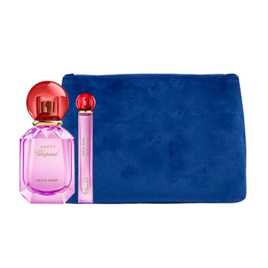 Luxury Naturals Perfumery Set Chopard: Happy Felicia Roses, Eau De Parfum, For Women, 100 ml + Happy Felicia Roses, Eau De Parfum, For Women, 10 ml + Chopard, Synthetic Leather, Textile Bag, Trouse Pouche, Blue, For Women, 2.4 x 9 x 6.2 cm