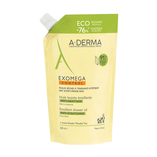 A-Derma, Exomega Control, rückfettendes Duschöl, für sehr trockene bis zu Neurodermitis neigende empfindliche Haut, 500 ml Nachfüllbeutel