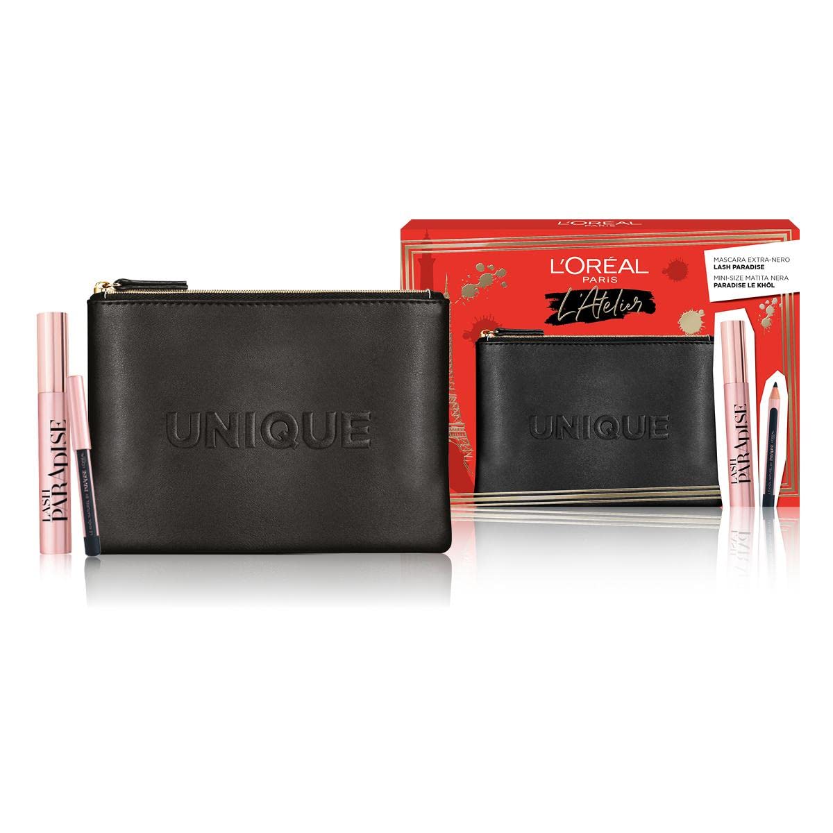 L'Oréal Paris Atelier Kit Set: Lash Paradise, Volumen & Länge, Mascara, Extra Black, 6,4 ml + Paradise, Kajal Eyeliner, 1,2 g + Kosmetiktäschchen aus Stoff, Schwarz