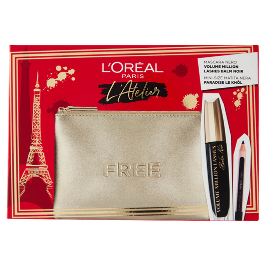 Atelier Kit Set L'Oreal Paris: Volume Million Lashes, Volumen & Länge, Mascara, Schwarz, 8,9 ml + Paradise, Kajalstift, 1,2 g + Kosmetiktäschchen aus Textil, Gold