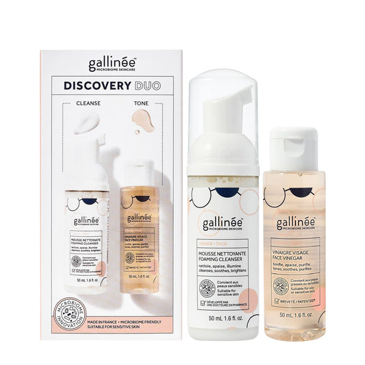 Duo-Set Gallinée: Mikrobiom-Hautpflege, Präbiotika & Postbiotika, klärender Reinigungsschaum, 50 ml + Mikrobiom-Hautpflege, Präbiotika & Postbiotika, beruhigende Lotion, für das Gesicht, 50 ml