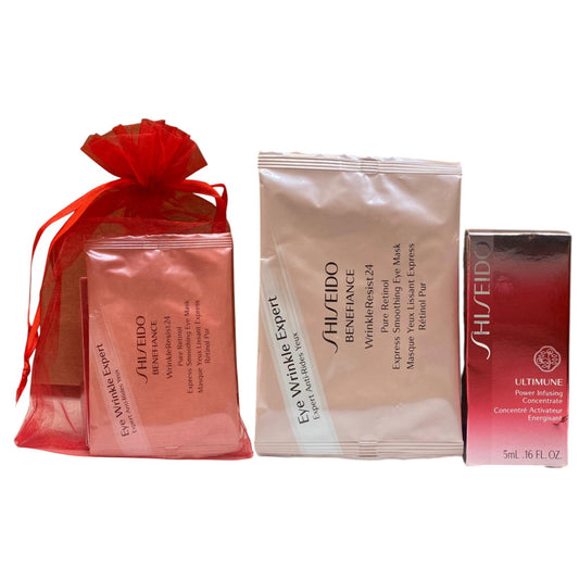 Eye2Eye Set Shiseido: Ultimune Power Infusing, Energising, Serum für das Gesicht, 5 ml + Benefiance WrinkleResist24, Retinol, glättende Augenmasken-Pads, 2 Stk.