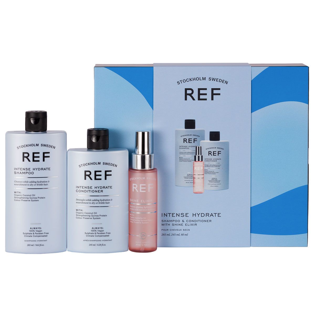 Geschenkset Ref Stockholm: Intense Hydrate, sulfatfrei, Haarshampoo, für Feuchtigkeit, 285 ml + Intense Hydrate, sulfatfrei, Haarspülung, für Feuchtigkeit, 245 ml + Shine Elixir, Haarserum, geschmeidig machend, 80 ml