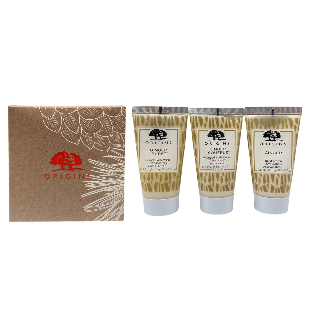 Geschenkset Origins: Origins, Duschgel, 30 ml + Ginger, pflegende Handlotion, 30 ml + Ginger Souffle, pflegende Körpercreme, 30 ml
