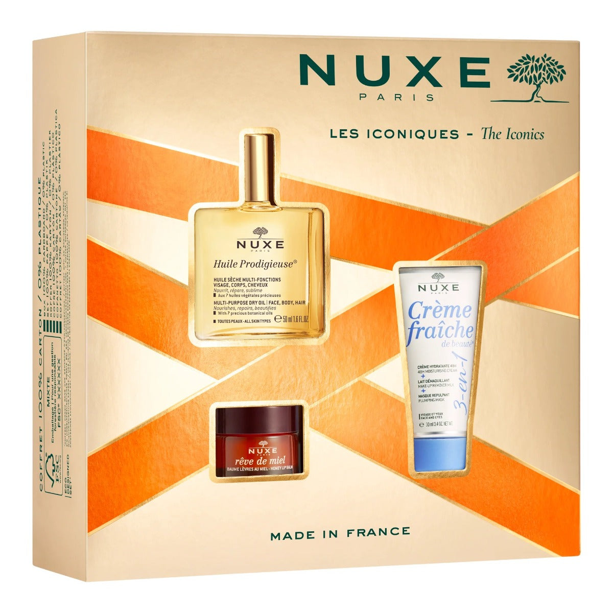 Hp Clasic Set Nuxe: Huile Prodigieuse Or Multi-Purpose, Body Oil, For Face, Body & Hair, 50 ml + Creme Fraiche de Beaute, Moisturizing, Cream, For Face, 30 ml + Reve de Miel, Honey, Lip Balm, 15 g