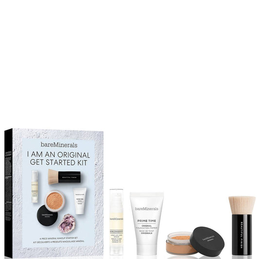 Ich bin ein Original-Set von BareMinerals: Prime Time, Vitamin E, Smooth Wear, Foundation Primer, Golden Tan, 15 ml + Mineral Veil, Matte Finish, loser Fixierpuder, Golden Tan, 2 g + BareMinerals, Puderpinsel zum Fixieren