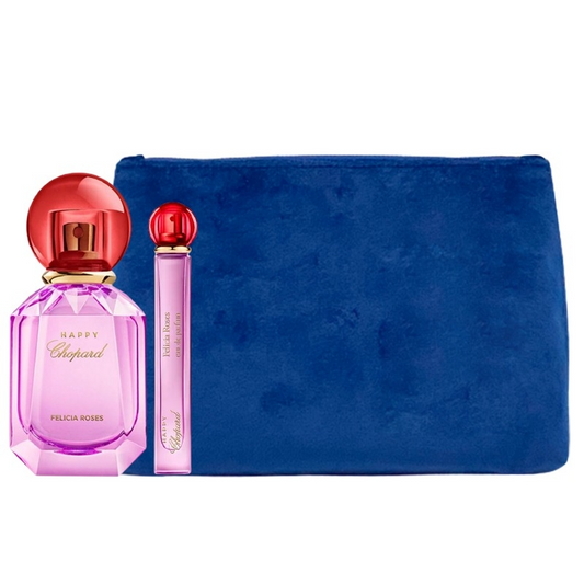 Luxury Naturals Perfumery Set Chopard: Happy Felicia Roses, Eau De Parfum, For Women, 100 ml + Happy Felicia Roses, Eau De Parfum, For Women, 10 ml + Chopard, Synthetic Leather, Textile Bag, Trouse Pouche, Blue, For Women, 2.4 x 9 x 6.2 cm