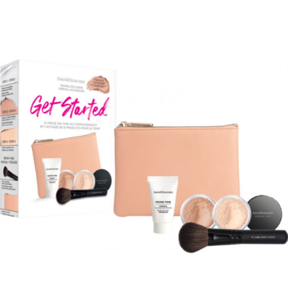 Get Started Set BareMinerals: BareMinerals, Setting, Powder Brush + Mineral Veil, Matte Finish, Loose Setting Powder, Golden Tan, 2 g + Original, Liquid Foundation, SPF 15, 2 g + Prime Time, Vitamin E, Smooth Wear, Foundation Primer, Golden Tan, 15 ml