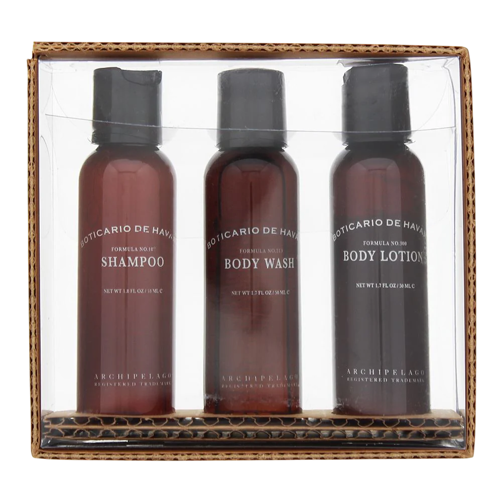 Set Archipelago: Boticario De Havana, Haarshampoo, sanfte Reinigung, 53 ml + Boticario De Havana, entgiftendes Duschgel, Körper, 53 ml + Boticario De Havana, feuchtigkeitsspendende Körperlotion, 53 ml