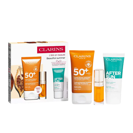 Clarins-Set: Clarins, Feuchtigkeit, Sonnencreme, für das Gesicht, LSF 50+, 50 ml + After Sun, regenerierender After-Sun-Balsam, 30 ml + Lip Comfort, Lippenöl, 01, 7 ml