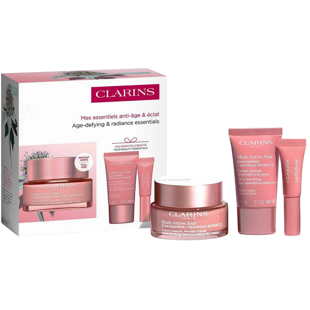 Set Clarins: Multi Active Jour, Age-Defying, Day, Cream, For Face, 50 ml + Multi Active, Smoothing, Night, Cream, For Face, 15 ml + Lip-Perfector, Hydrating, Lip Gloss, 01, Rose Shimmer, 5 ml