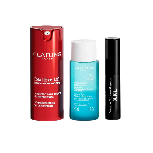 Set Clarins: Total Eye, Lift, Day, Eye Serum, 15 ml + Instant Eye, Makeup Remover Lotion, 30 ml + Wonder Volume, Volumising, Mascara, Black, 3 ml *Miniature