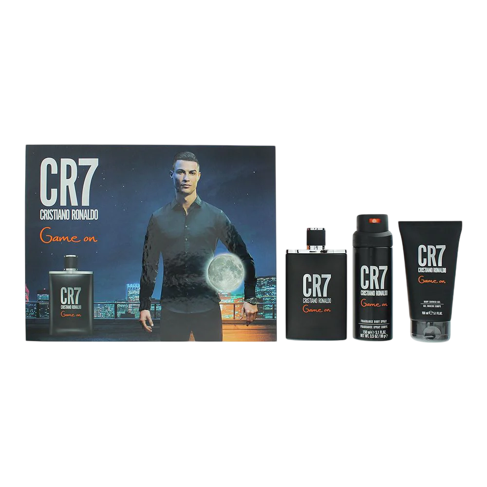 Set Cristiano Ronaldo: CR7 Game On, Eau de Toilette, für Herren, 100 ml + CR7 Game On, Duschgel, Körper, 150 ml + CR7 Game On, erfrischendes Deospray, für Herren, 150 ml