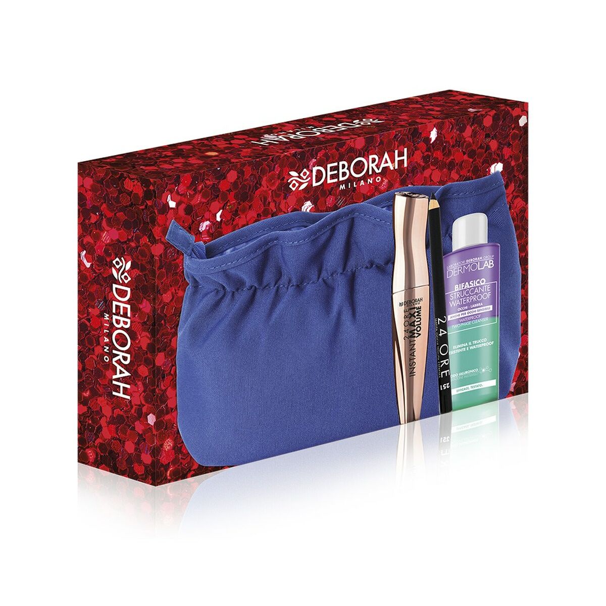 Set Deborah: 24 Ore Extra, Gel Pencil Eyeliner, Black, 1.5 g + Dermolab Bifasico, Hyaluronic Acid, Makeup Remover Lotion, 50 ml + Textile Makeup Bag, Blue + Instant Maxi Volume, Volumizing, Mascara, Black, 11 ml