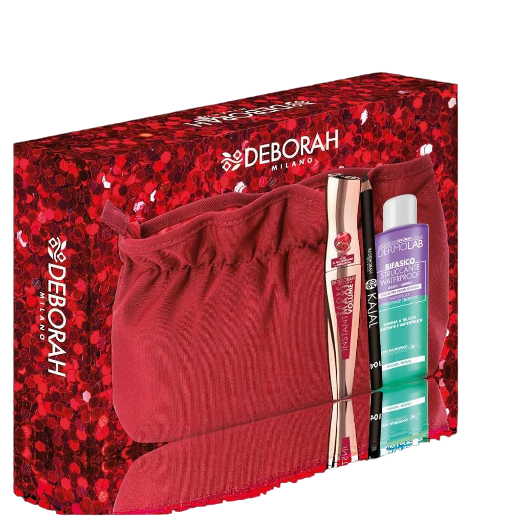 Set Deborah: Dermolab Zweiphasen-Make-up-Entferner, Hyaluronsäure, 50 ml + Deborah, Kajalstift, 104, Schwarz, 1,5 g + Instant Maxi, Volumen-Mascara, Schwarz, 14 ml + Textil-Kosmetiktasche, Rot