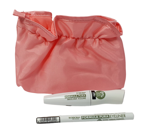 Set Deborah: Formula Pura, Volumen-Mascara, Schwarz, 12 ml + Formula Pura, Gel-Eyeliner, Schwarz, 1,5 g + Kosmetiktäschchen aus Stoff, Pink