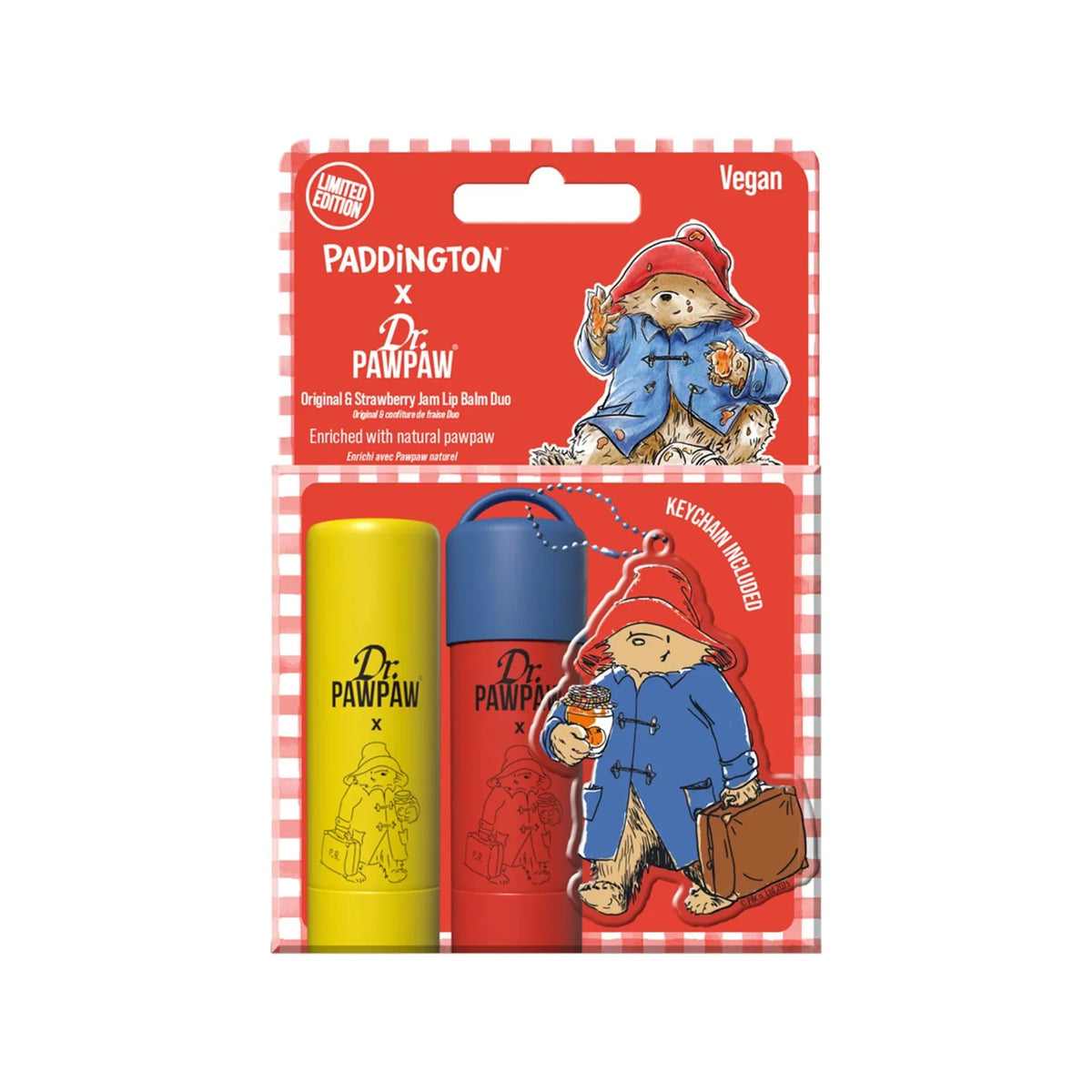 Dr. PawPaw Set: Paddington Bear Original Balsam, Vegan, Lippenbalsam, 4 g + Strawberry Jam, Feuchtigkeitsspendend, Lippenbalsam, 4 g + Paddington Bear, Ohne, Schlüsselanhänger Ohne
