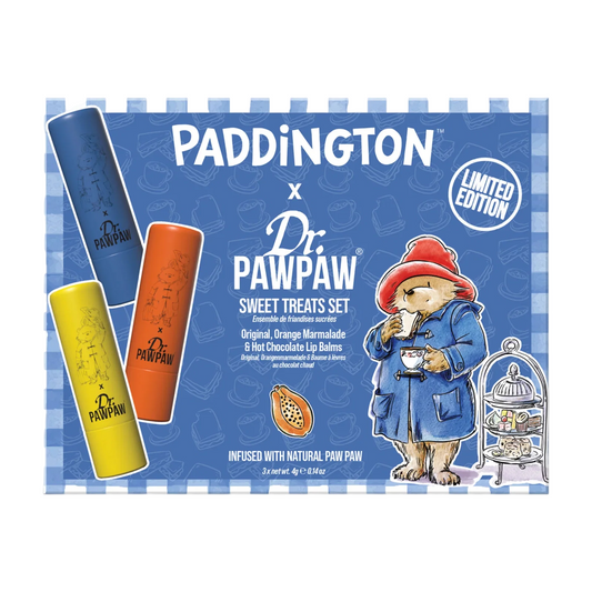 Dr. PawPaw Set: Paddington Orange Marmalade, Feuchtigkeit spendender Lippenbalsam, 4 g + Paddington Bear Original Balm, Veganer Lippenbalsam, 4 g + Hot Chocolate, Feuchtigkeit spendender Lippenbalsam, 4 g