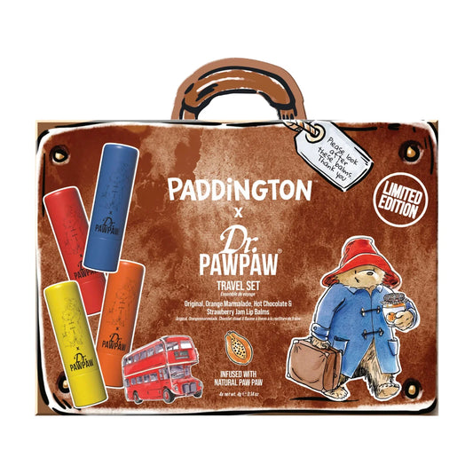 Set Dr. PawPaw: Paddington Orange Marmalade, feuchtigkeitsspendend, Lippenbalsam, 4 g + Paddington Bear Original Balm, vegan, Lippenbalsam, 4 g + Strawberry Jam, feuchtigkeitsspendend, Lippenbalsam, 4 g