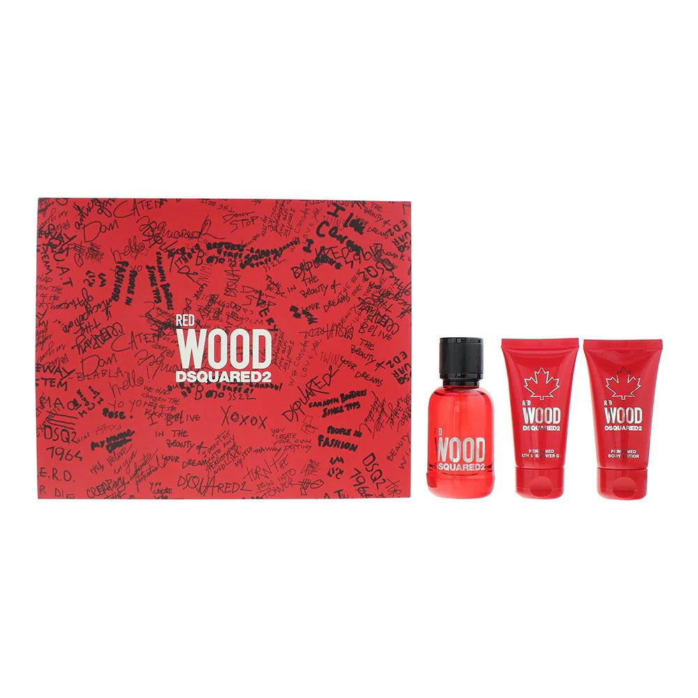 Set Dsquared 2: Red Wood, Eau de Toilette, für Damen, 50 ml + Red Wood, Duschgel & Shampoo 2-in-1, 50 ml + Red Wood, Bodylotion, 50 ml