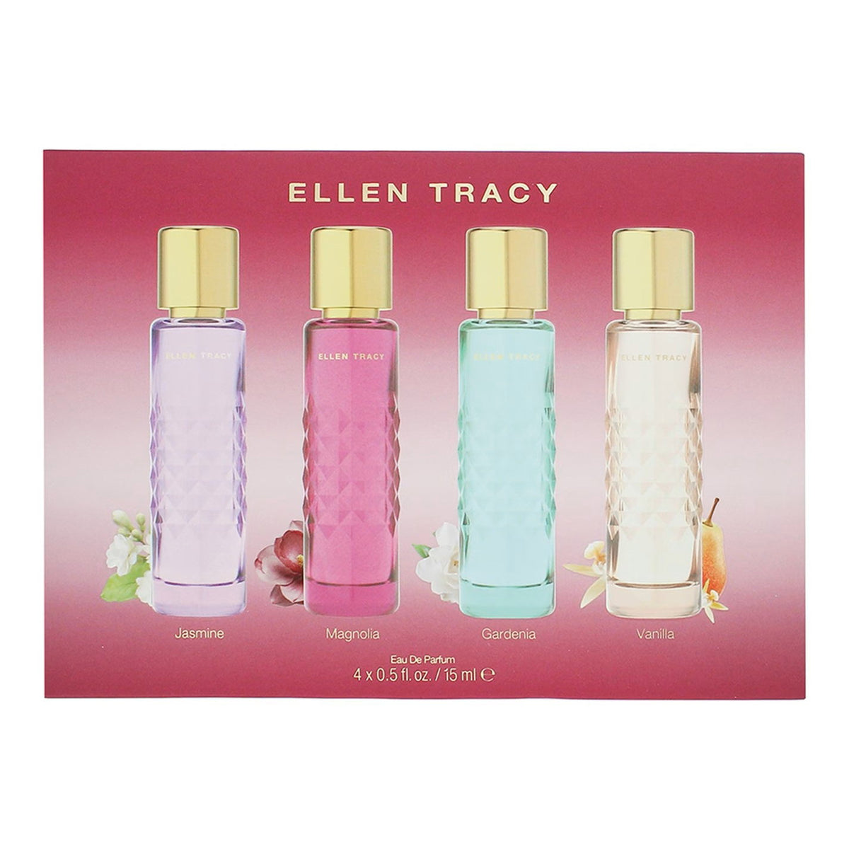 Ellen Tracy Set: Quilted Gardenia, Eau de Parfum, für Damen, 15 ml + Quilted Vanilla, Eau de Parfum, für Damen, 15 ml + Quilted Magnolia, Eau de Parfum, für Damen, 15 ml + Quilted Jasmine, Eau de Parfum, für Damen, 15 ml