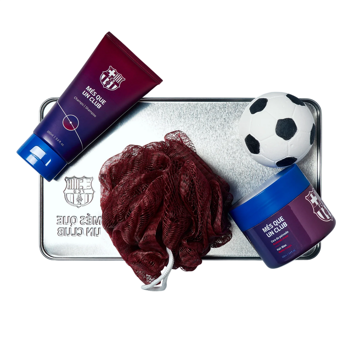 FC Barcelona Set: FC Barcelona, Badeschwamm + FC Barcelona, Haarstyling-Wachs, 100 g + FC Barcelona, Badebombe + FC Barcelona, Duschgel, 100 ml + FC Barcelona, Metall-Getränkehalter