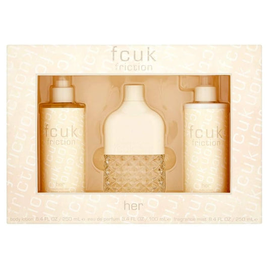 Set Fcuk: Friction, Eau de Parfum, für Damen, 100 ml + Friction, Feuchtigkeitsspendende Körperlotion, 250 ml + Friction, Duftspray, für Damen, 250 ml