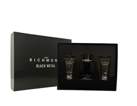 John Richmond Set: Black Metal, Natural, Reinigendes Duschgel, 50 ml + Black Metal, Bodylotion, 50 ml + Black Metal, Eau de Parfum, für Herren, 100 ml