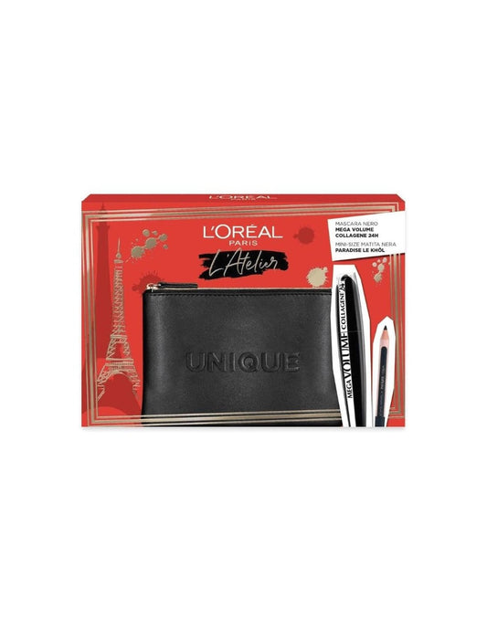 L'Oreal Paris Set: L'Oreal Paris, Kajal Eye Pencil, Schwarz, 1,5 g + Mega Volume Collagene 24h, Wasserfest, Mascara, Mega Black, 9 ml + Kosmetiktäschchen aus Textil, Schwarz