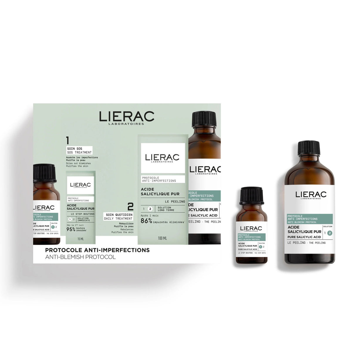 Lierac Set: Anti-Unreinheiten-Protokoll Stop Spots, Anti-Pickel, lokale Behandlung, für das Gesicht, 15 ml + Anti-Unreinheiten-Peeling, exfolierende Peeling-Lotion, 100 ml