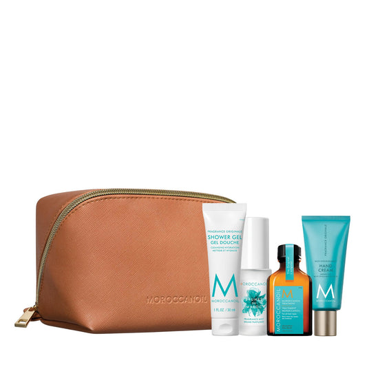 Moroccanoil-Set: Brumes Du Maroc, Haarparfüm, für Damen, 30 ml + Hydration, Haaröl-Behandlung, feuchtigkeitsspendend, 25 ml + Fragrance Originale, Hyaluronsäure, pflegende Handcreme, 40 ml + Moroccanoil, GWP-Stofftasche, braun
