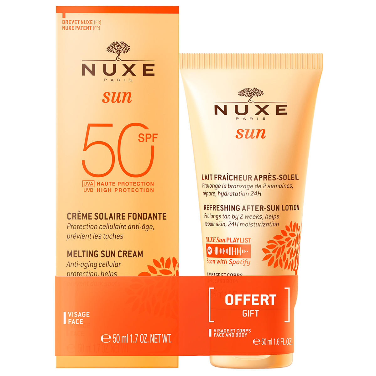 Nuxe Set: Sun, UV-Schutz, Sonnencreme für das Gesicht, LSF 50, 50 ml + Sun, Sonnenschutz, After-Sun-Lotion, 50 ml
