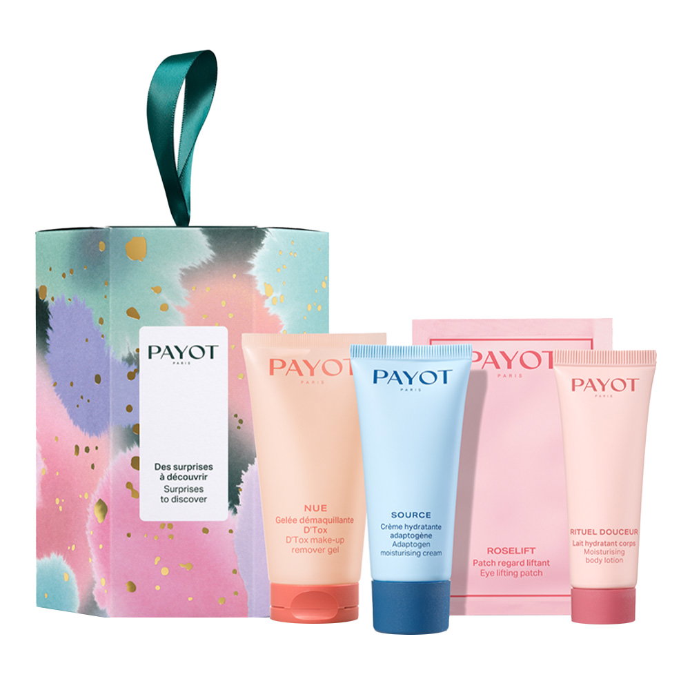 Payot-Set: Make-up-Entferner-Gel, 50 ml + Source Adaptogen, Feuchtigkeitscreme für das Gesicht, 30 ml + Rituel Douceur, feuchtigkeitsspendende Körperlotion, 25 ml + Roselift, Lifting-Augenpads, 2 Stk., 2 g