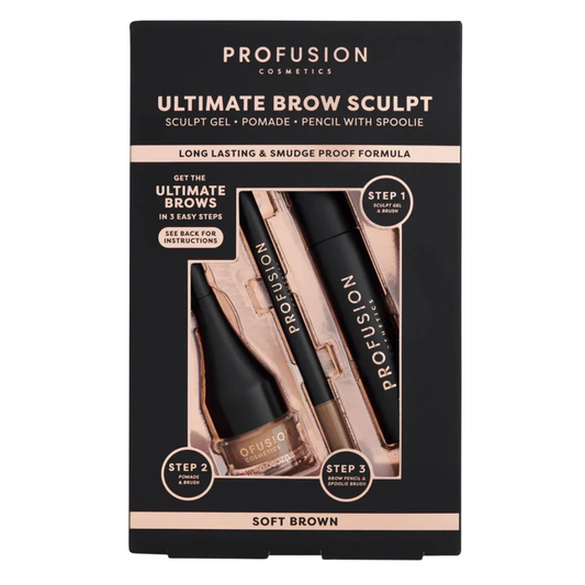 Set Profusion Cosmetics: Ultimate Brow Sculpt, Augenbrauengel, Soft Brown, 1,8 g + Ultimate Brow Sculpt, definierender Augenbrauenstift & Pinsel 2-in-1, Soft Brown, 0,07 g + Ultimate Brow Sculpt, Augenbrauenpomade, Soft Brown, 4 ml