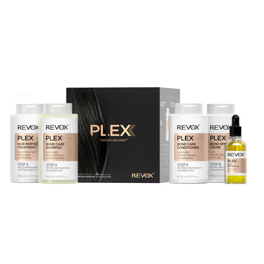 Set Revox B77: Plex Bond Step 3, Hair Cream Treatment, Anti-Breakage, 260 ml + Plex Bond Step 4, Hair Shampoo, For Strengthening, 260 ml + Plex Bond Step 5, Hair Conditioner, Restores, 260 ml + Plex Bond Step 6, Hair Cream Treatment, Repairing, 260 ml + P