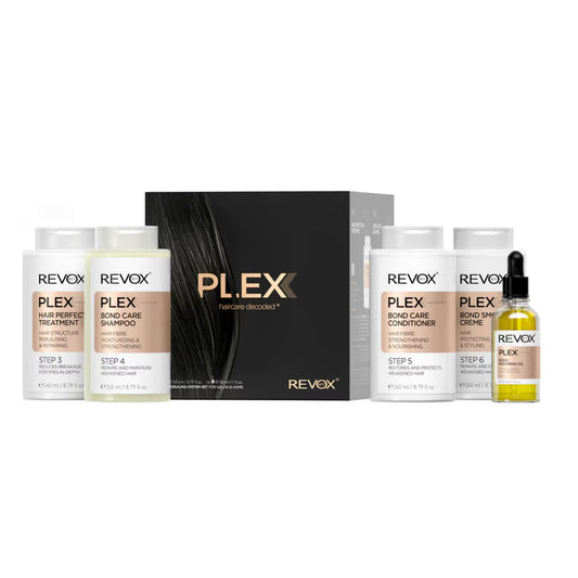Set Revox B77: Plex Bond Step 3, Hair Cream Treatment, Anti-Breakage, 260 ml + Plex Bond Step 4, Hair Shampoo, For Strengthening, 260 ml + Plex Bond Step 5, Hair Conditioner, Restores, 260 ml + Plex Bond Step 6, Hair Cream Treatment, Repairing, 260 ml + P