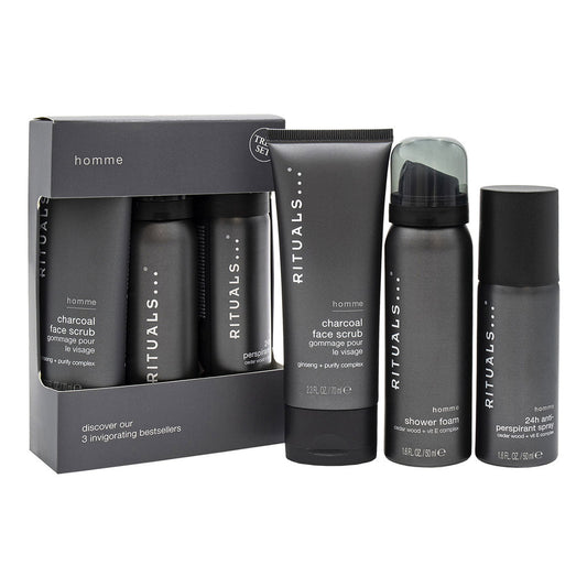 Set Rituals: Homme, Charcoal, Eliminates Impurities, Cleansing Scrub, For Face, 70 g + Homme, 24h Protection, Deodorant Spray, For Men, 50 ml + Homme, Cedar Wood + Vitamin E Complex, Shower Mousse, 50 ml