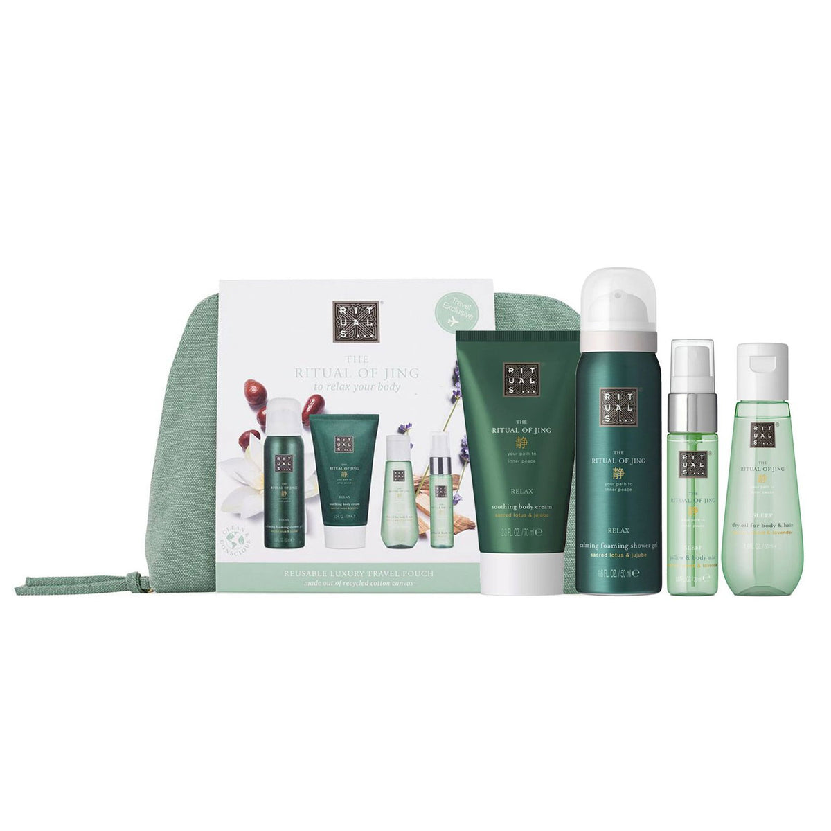 Set Rituals: The Ritual Of Jing, Shower Gel, All Skin Types, 50 ml + The Ritual Of Jing, Soothing, Body Cream, 70 ml + The Ritual Of Jing, Nourishing, Dry Body Oil, 50 ml + The Ritual Of Jing, Pillow Mist Spray, 20 ml