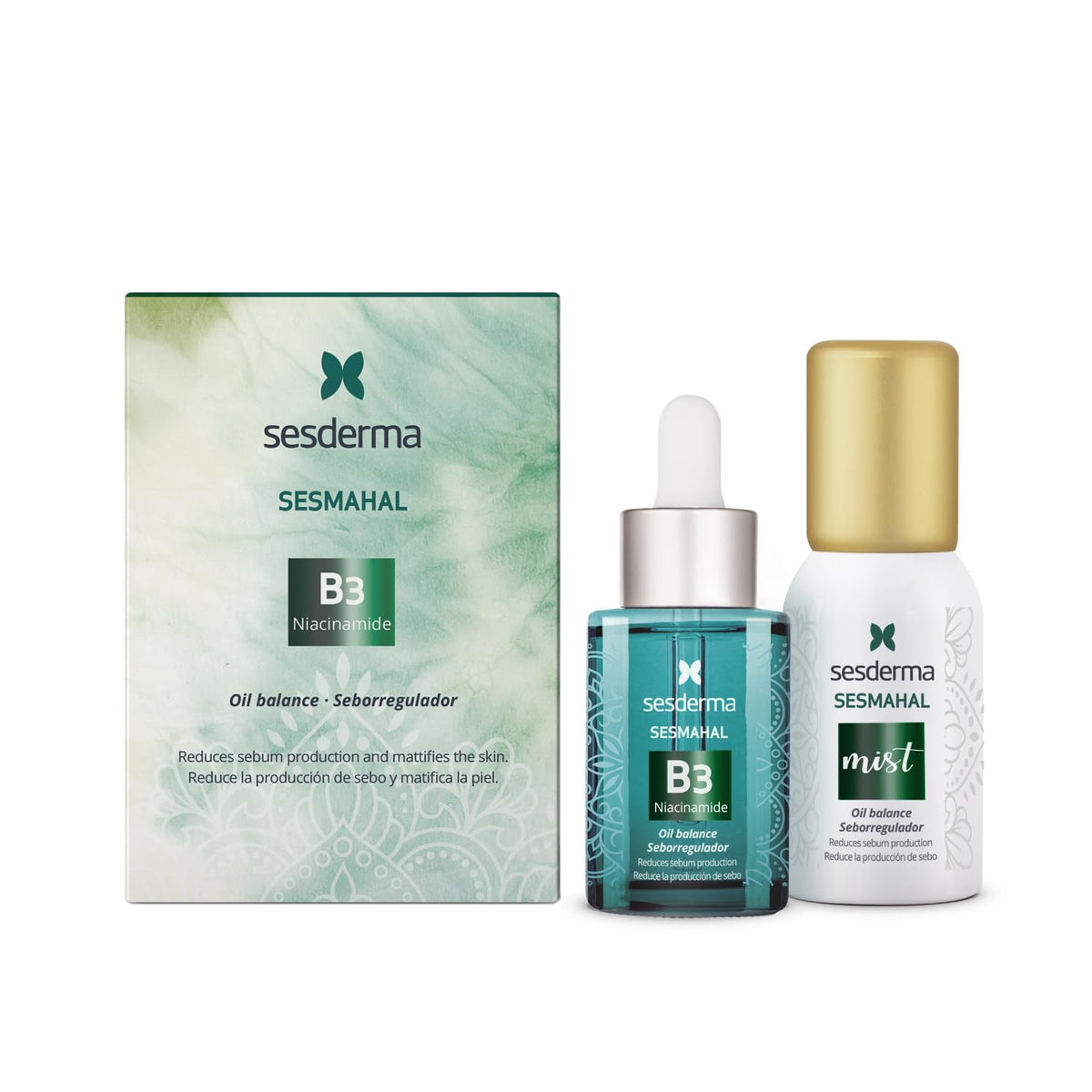 Sesderma Set: Sesmahal, B3, Feuchtigkeitsspendend, Porenverfeinernd & Regenerierend, Tag & Nacht, Serum, für das Gesicht, 30 ml + Sesmahal, zur Regulierung überschüssigen Talgs, Sprühnebel, für das Gesicht, 30 ml