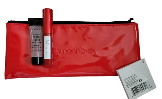 Deluxe-Probenset Smashbox: Super Fan, Volumen-Mascara, Schwarz, 5 ml + Photo Finish, glättender Liquid Primer, 7,1 ml + Kosmetiktäschchen aus Stoff, Rot