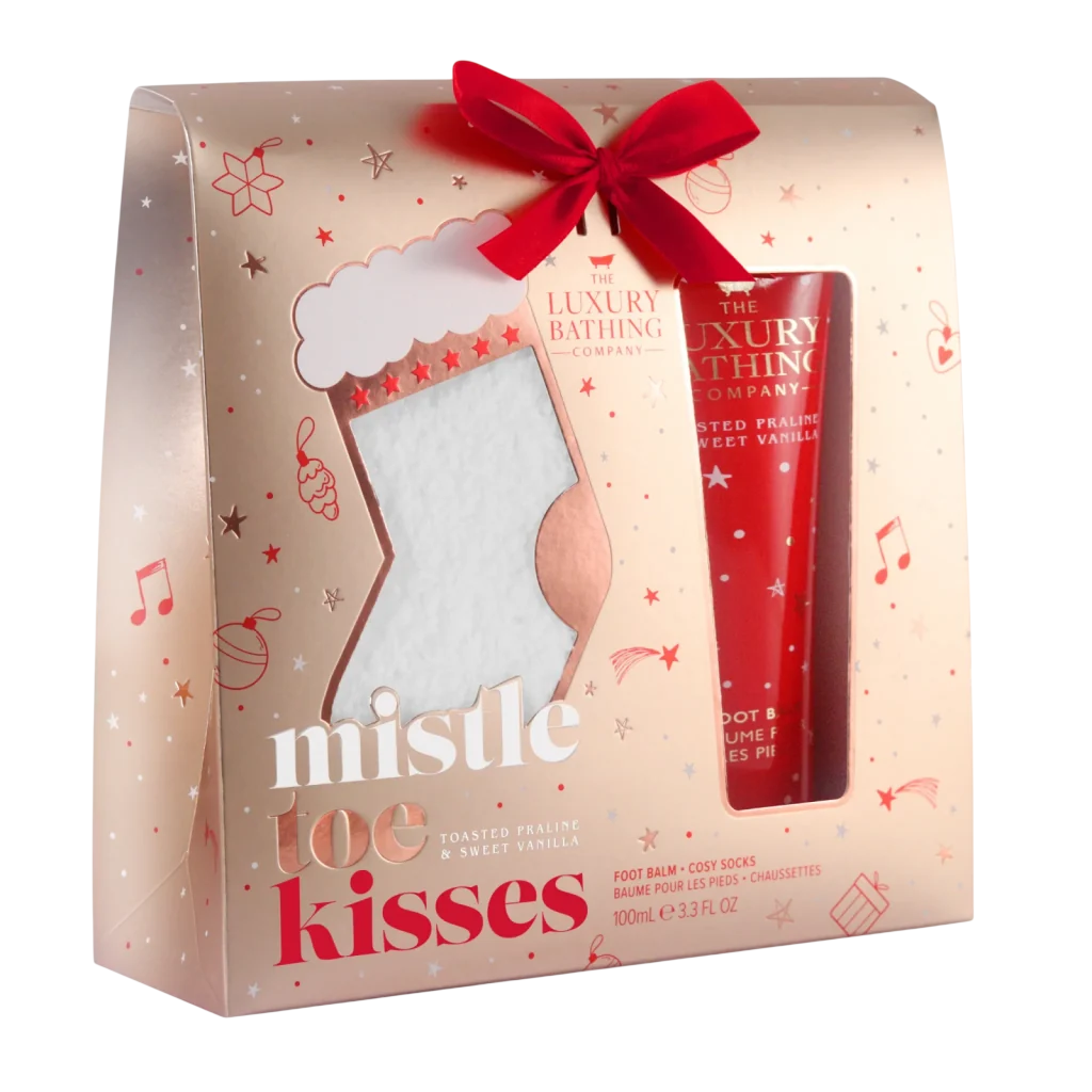Set The Luxury Bathing Company: Toasted Praline & Sweet Vanilla, feuchtigkeitsspendend & pflegend, Fußbalsam, 100 ml + luxuriöse Crew-Socken