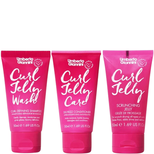 Umberto Giannini Set: Curl Jelly, Haarstyling-Gel, Lockendefinition & Anti-Frizz, mittlerer Halt, 50 ml + Curl Jelly, Haarshampoo, lockendefinierend, 50 ml + Curl Jelly, Haarspülung, lockendefinierend, 50 ml