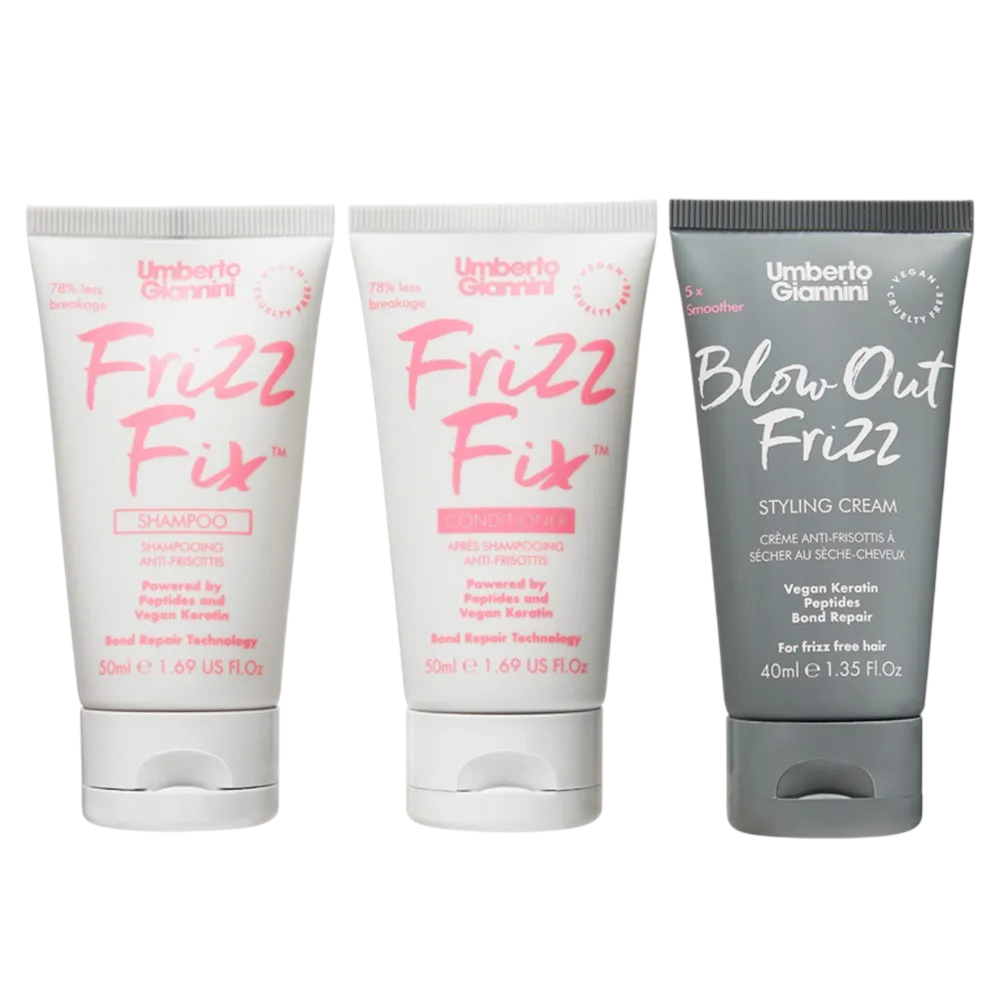 Set Umberto Giannini: Frizz Fix, Haarshampoo, Anti-Frizz & Reparatur, 50 ml + Frizz Fix, Haarspülung, Anti-Frizz & Reparatur, 50 ml + Blow Out Frizz, Haarstyling-Creme, 40 ml