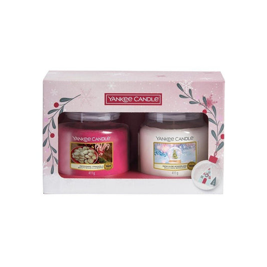 Yankee Candle Set: Snow Globe Wonderland, Pfefferminze, Duftkerze, 411 g + Peppermint Pinwheels, Pfefferminze, Duftkerze, 411 g