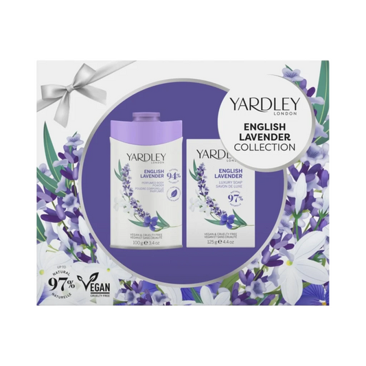 Set Yardley: English Lavender, Körperpuder, 100 g + English Lavender, reinigendes & feuchtigkeitsspendendes Duftseifenstück, 125 g