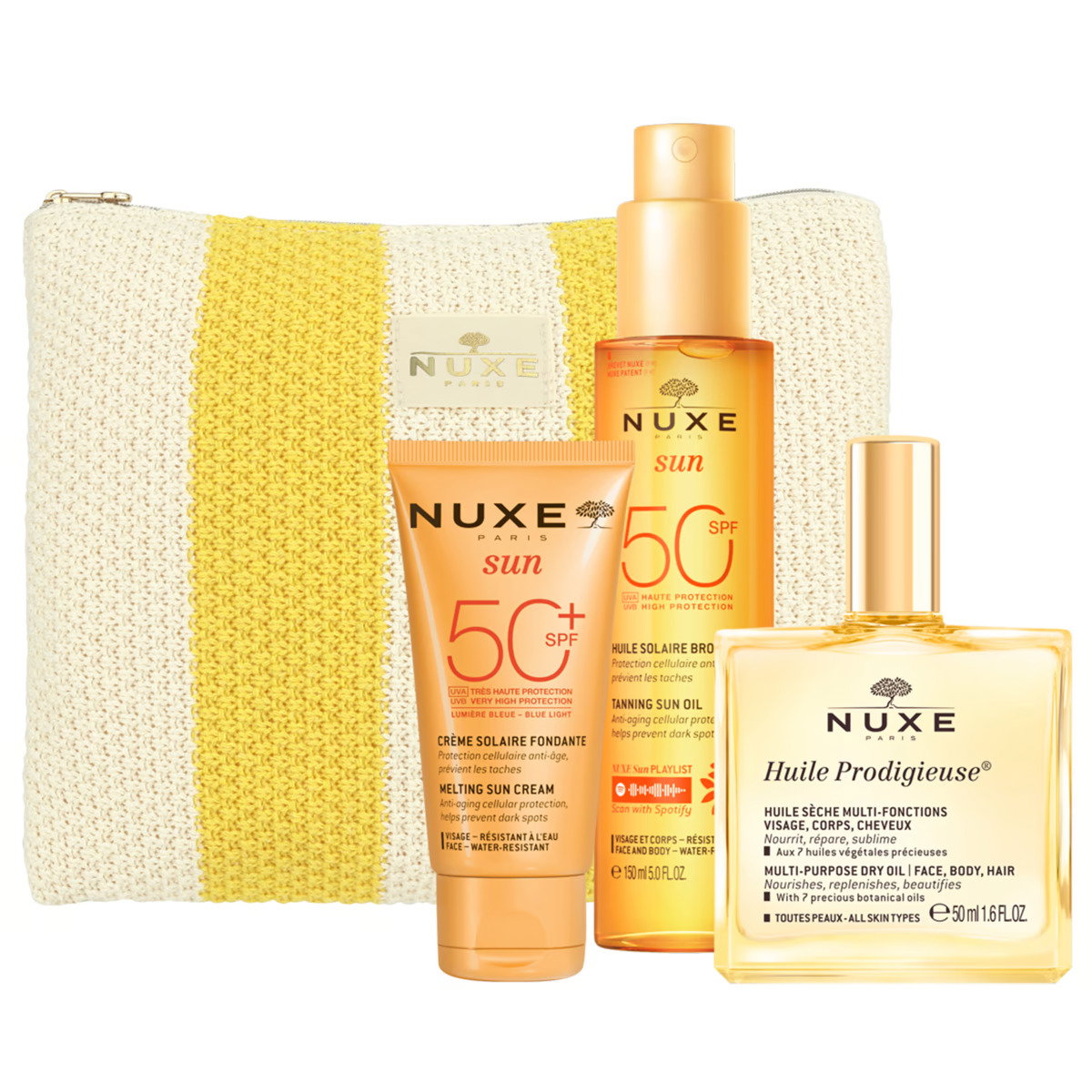 Summer Essentials Kit 2025 Set Nuxe: Sun, UV Protection, Sunscreen Cream, For Face, SPF 50, 50 ml + Huile Prodigieuse Multi-Purpose, Body Oil, For Face, Body & Hair, 50 ml + Sun, Anti-Ageing, Tanning Oil, SPF 50, 150 ml + Sun, GWP Textile Pouch, White & Y